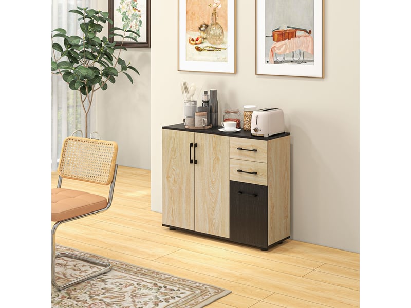  Meuble buffet de rangement cuisine 2 placards étagère réglable 2 tiroirs 90 x 30 x 75,5 cm naturel noir  - Conforama D