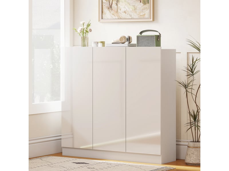  Étagère à chaussures d'entrée étroite pour 25 à 30 paires de chaussures avec portes à fermeture douce, blanc brillant  - Conforama C