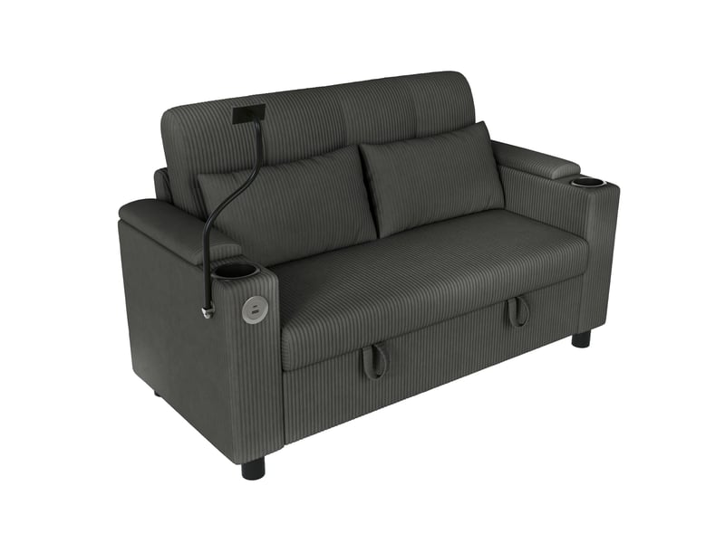  Canapé 2 places 136,5 x 79,5 x 83,6 cm gris en velours côtelé, rangement, usb type-c et porte-gobelets  - Conforama D