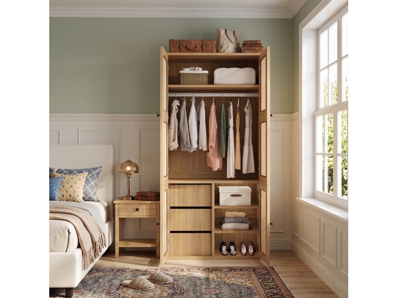  Armoire 90x47x200 cm à portes battantes, portes en rotin, 1 barre de penderie, 3 tiroirs, mdf, bois clair, dressing  - Conforama D