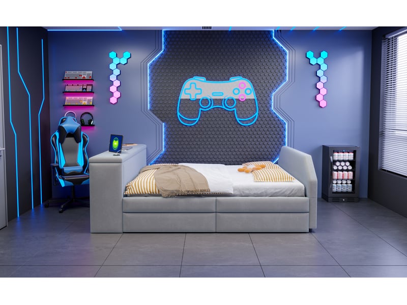  Lit gigogne enfant 140 x 200 cm avec bureau intégré et port usb, lit banquette avec tête de lit rembourrée, velours, gris Morn Vibe - Conforama E