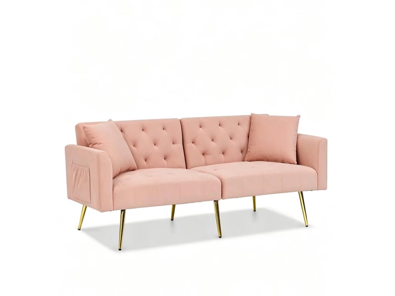 Canapé 2 places en velours rose, dossier réglable 3 positions avec coussins et pieds métal - Conforama D