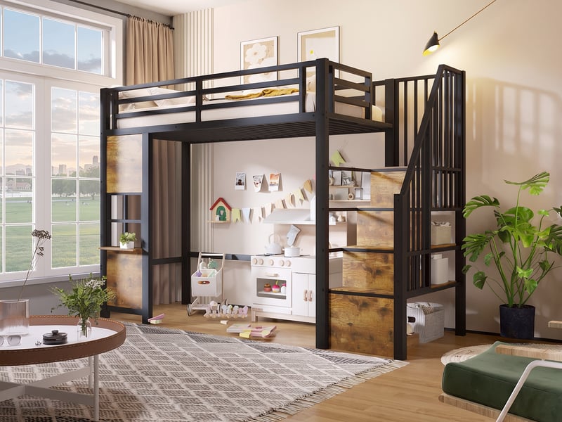  Lit mezzanine 90x200 cm, escalier avec rangements, étagère et panneau façon fenêtre, structure en métal et mdf, noir  - Conforama B