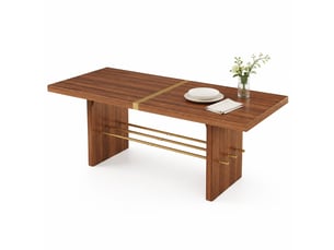 Table de salle à manger pour 6 à 8 personnes avec plateau épais stable et traverse dorée, en mdf noyer, 180 × 75 cm