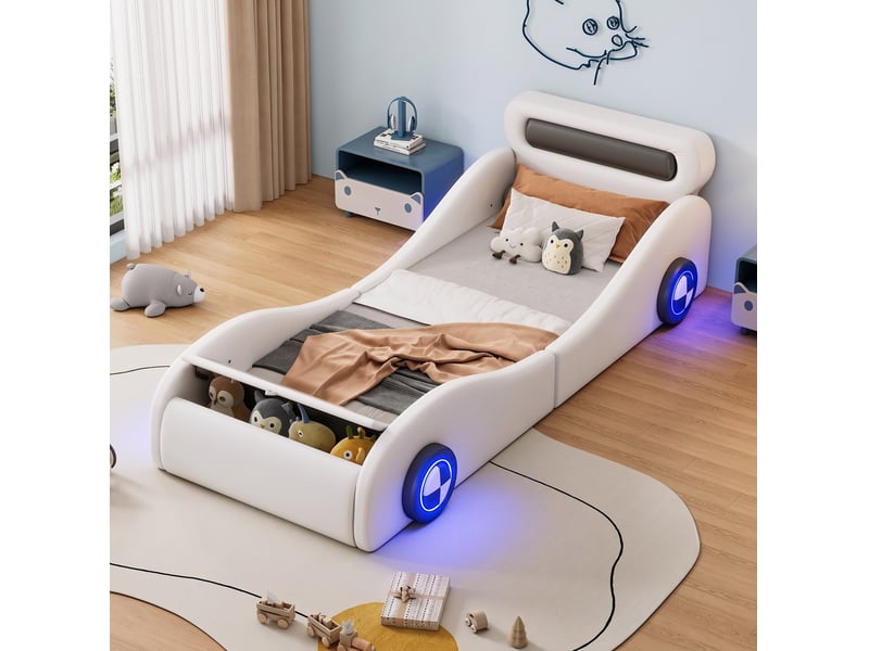 Lit enfant 90 × 200 cm en forme de voiture avec roues led réglables, rangement, sans matelas, en pu et mdf, blanc  - Conforama B