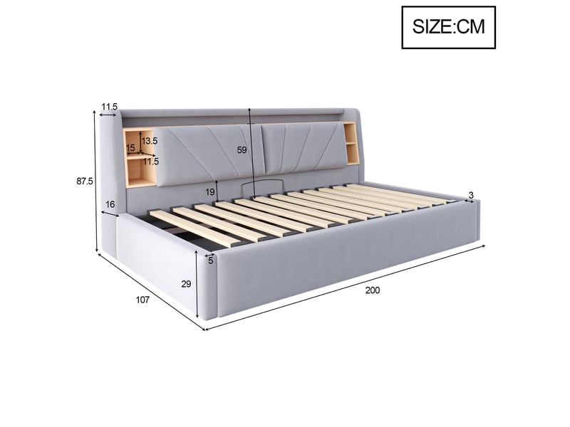  Lit coffre canapé 90x200 cm, rangement hydraulique, led, usb, velours gris clair,  sans matelas  - Conforama C