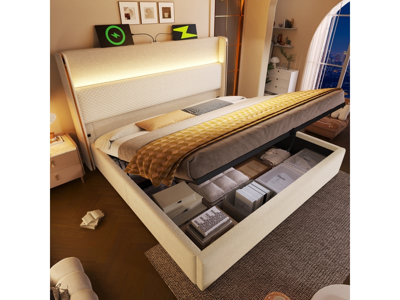  Lit coffre hydraulique 140x200 cm avec matelas, led et ports usbusb-c, beige  - Conforama E