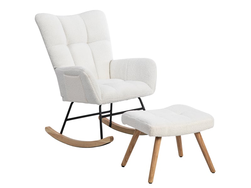  Fauteuil à bascule blanc avec repose-pieds, tissu bouclette et cadre en bois d'hévéa, siège lounge, 92 cm  - Conforama A