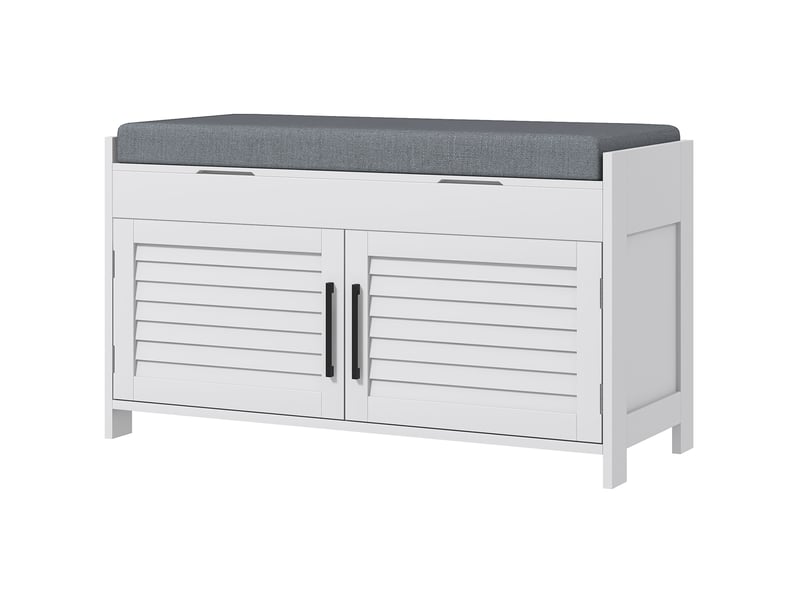  Banc à chaussures avec étagère intérieure réglable à 6 niveaux, en mdf et imitation lin, 90 x 36 x 50 cm, blanc et gris  - Conforama B