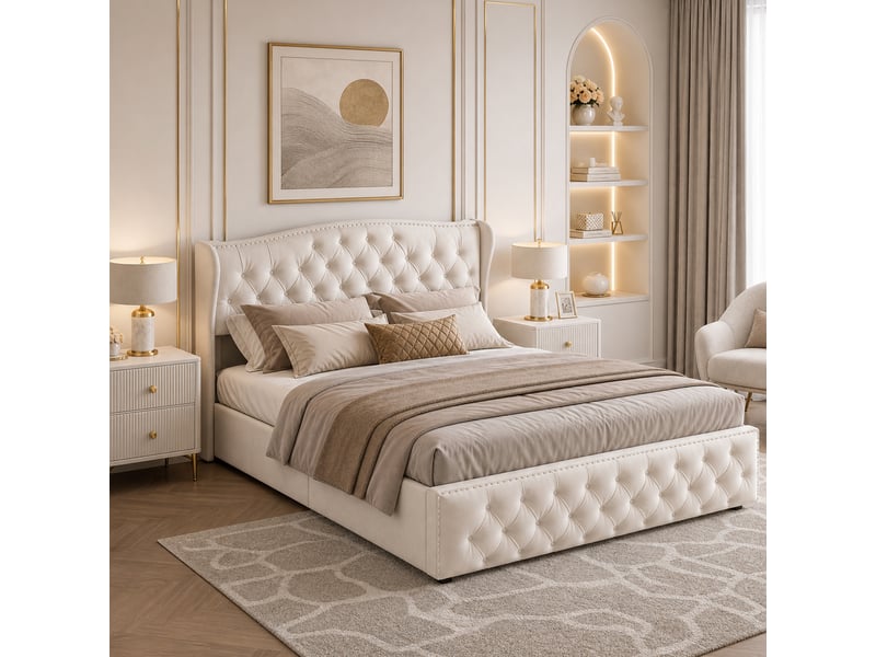 Lit double rembourré 140 x 200 cm avec espace de rangement, lit à réglage hydraulique avec sommier à lattes et tête de lit rembourrée, velours, beige 231211SM1201#ADK35HWyJBDELLM - Conforama C