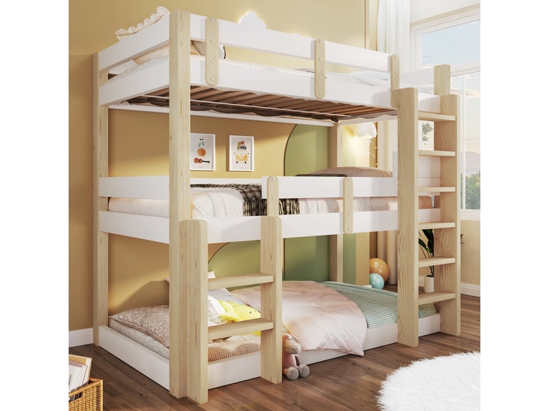 Lit superposé 90x190 cm coloris blanc+naturel pin lit enfant bicolore - Conforama E