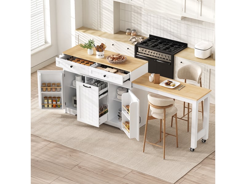  Îlot de cuisine extensible 188,6 x 36,7 x 92 cm, roulettes, 2 tiroirs, 3 portes et poubelle intégrée, blanc, en mdf  - Conforama D