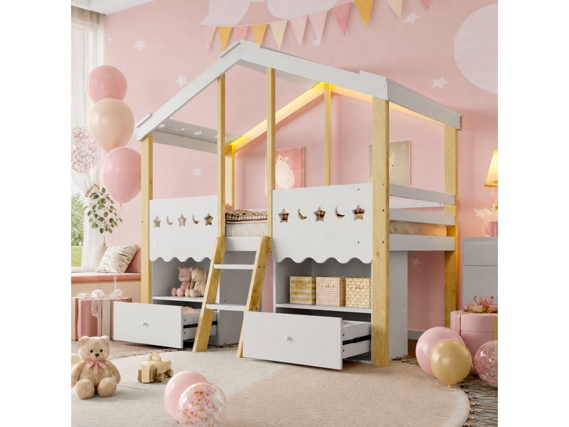 Lit mezzanine enfant 90 x 200 cm en forme de maison blanc et naturel avec 2 tiroirs et led  - Conforama D