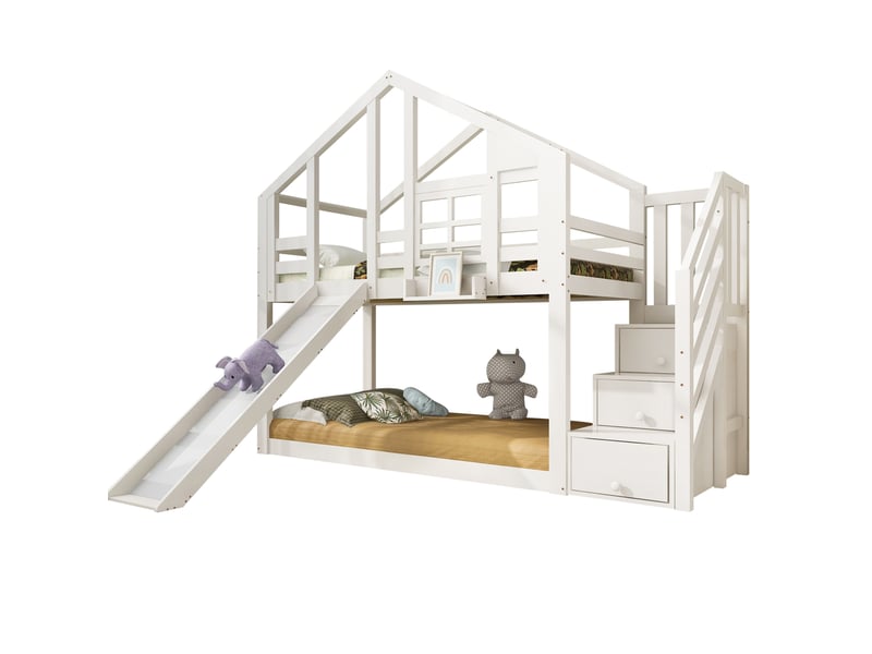  Lit superposé enfant 90x200 cm – blanc – cabane, toboggan, rangements et 2 sommiers à lattes  - Conforama A