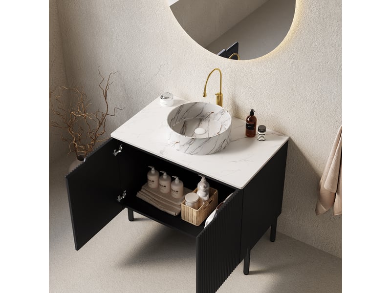  Meuble sous vasque avec 2 portes, vasque en céramique et plateau en pierre frittée pour salle de bain, 76×48×87 cm  - Conforama C