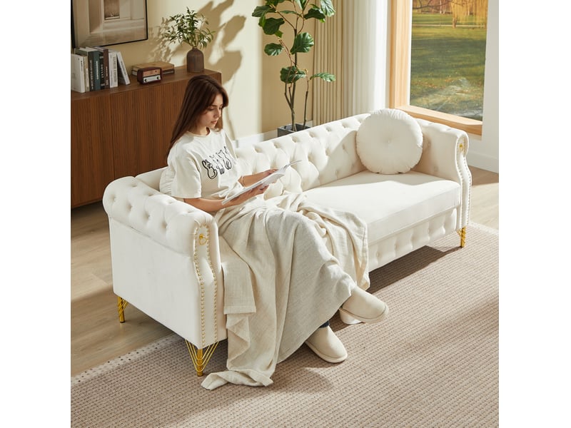  Canapé 3+3 places en velours beige avec pieds en métal doré  - Conforama R