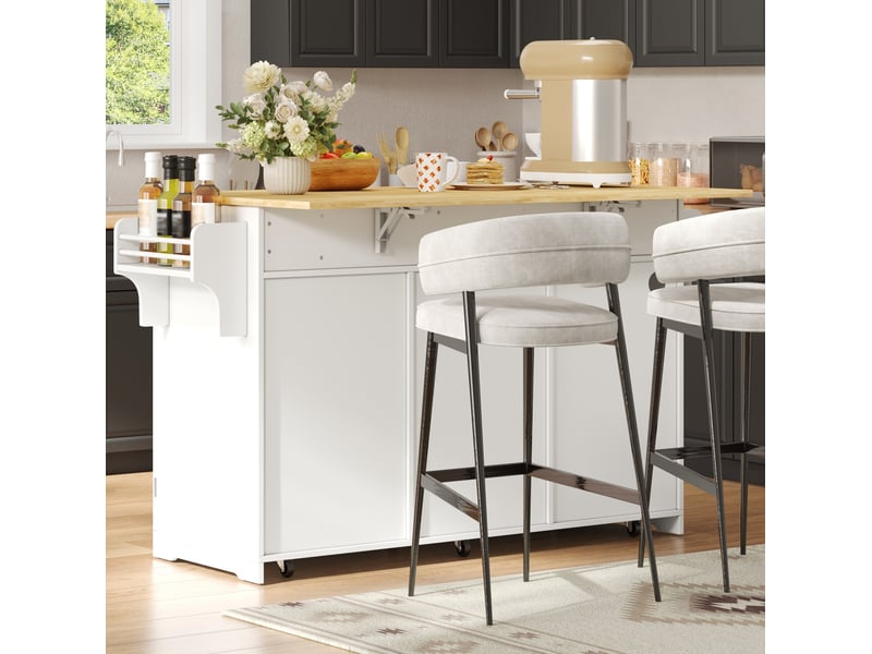  Îlot de cuisine mobile 136x75x92 cm blanc et naturel avec plateau rabattable  - Conforama D
