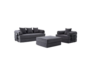 Canapé modulable 4 places en velours côtelé avec pouf gris foncé