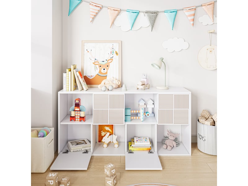  Bibliothèque - 125 x 30 x 60 cm - blanc ivoire - meuble de rangement avec portes à effet lattes et niches - meuble tv ou étagère polyvalent  - Conforama C
