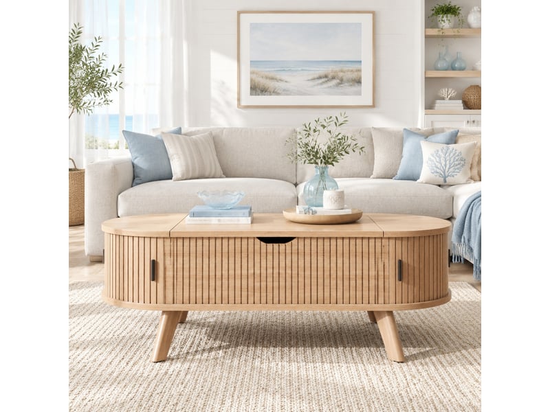  Table basse ovale relevable – mdf naturel, rangement et portes coulissantes – 110 x 50 cm  - Conforama B