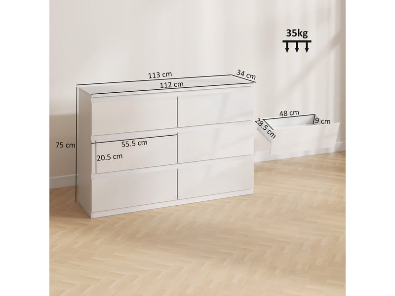  Commode en bois à 6 tiroirs, meuble de chambre moderne et multifonctionnel, 112 x 34 x 75 cm, blanc  - Conforama E