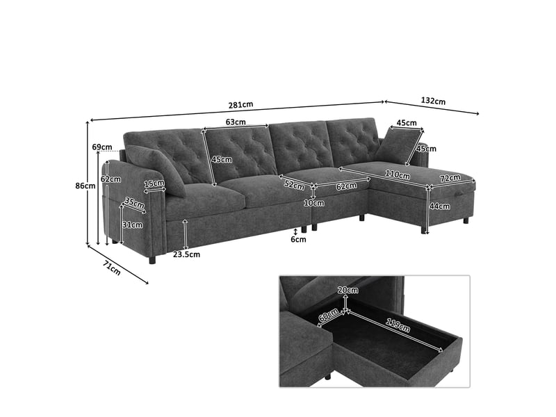 Canapé d'angle convertible en tissu, gris 4 places avec coffre de rangement, canapé réversible avec poches latérales pour salon moderne. - Conforama C