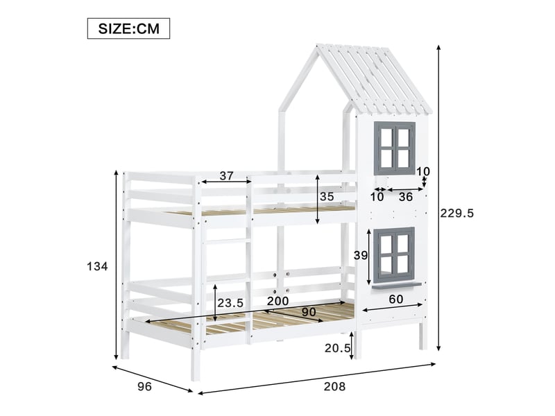  Lit superposé enfant cabane 2 x 90x200 cm blanc et gris en bois et mdf  - Conforama E