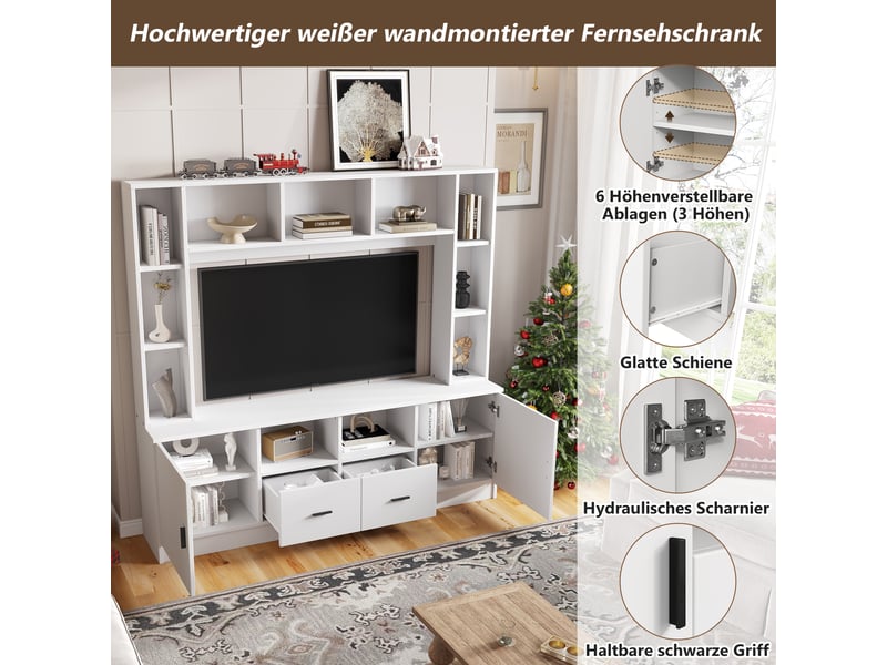  Ensemble meuble tv mural 180 x 35 x 170 cm – 2 placards, 2 tiroirs et 11 espaces de rangement – jusqu’à 60 pouces – blanc  - Conforama E