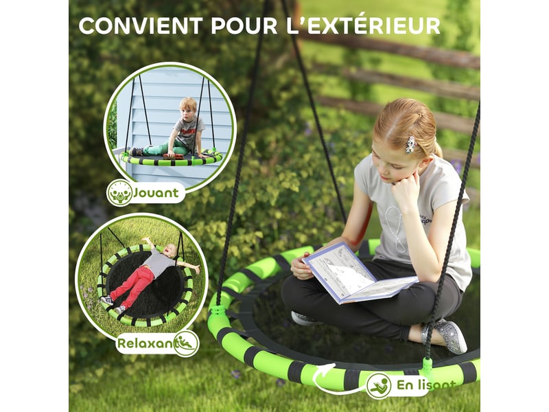  Balançoire nid d'oiseau, balançoire suspendue avec cordes réglables en hauteur, siège rond ø 100 cm, noir  - Conforama R