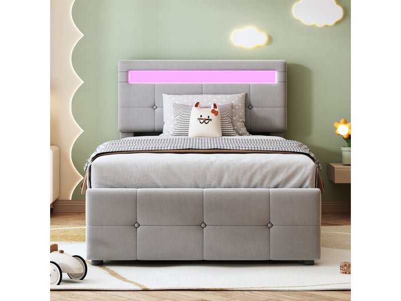  Lit enfant coffre rembourré 90 x 200 cm avec led, rangement hydraulique et tête de lit réglable, velours gris Fay Lum - Conforama D
