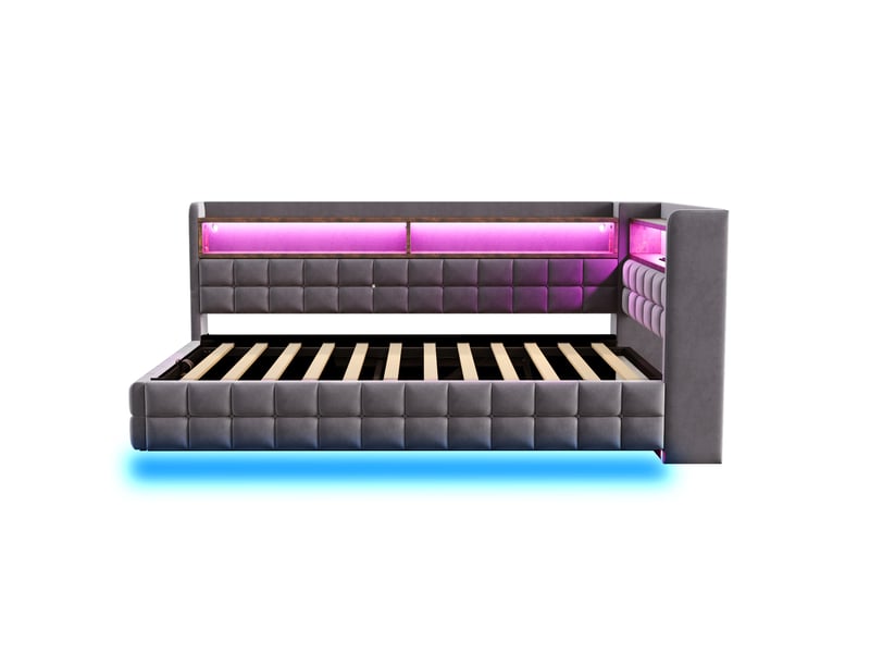  Lit coffre 90x200 cm - lit simple avec rangement hydraulique - tête de lit led, usb &amp; type-c - étagères - gris  - Conforama W