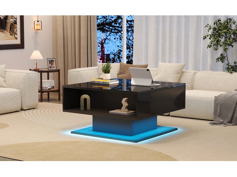 Table basse relevable géométrique 80x75x40cm, table de salon noire avec led, rangement caché et finition brillante - Conforama R