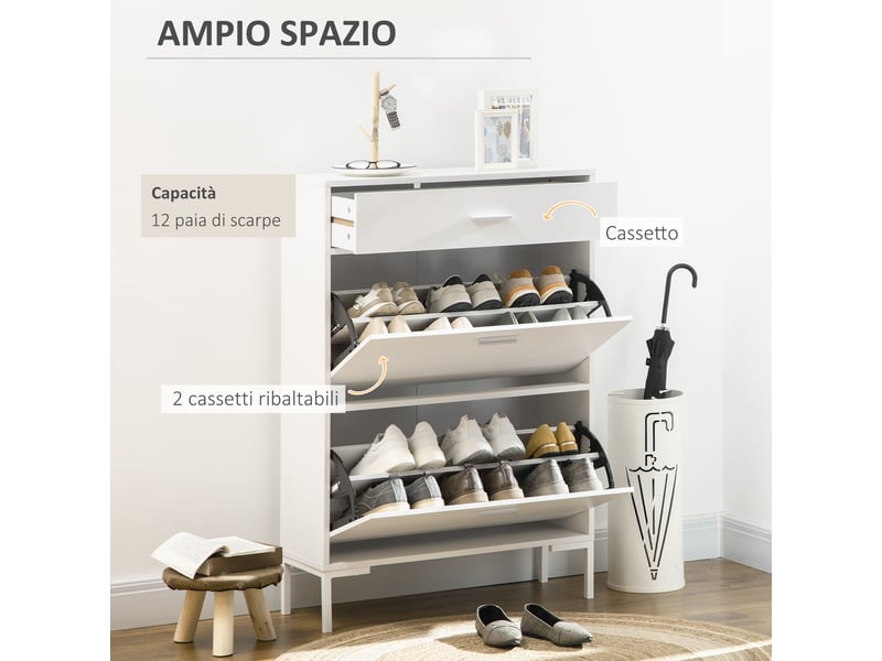  Étagère à chaussures moderne pour 12 paires de chaussures avec 2 portes abattantes et un tiroir, 76 x 26 x 110 cm, blanche  - Conforama E