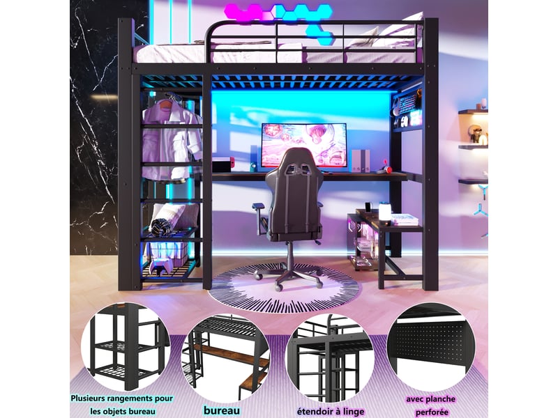  Lit mezzanine multifonctionnel 90×200 cm sans matelas, structure métal, bureau, led, échelle avec coffre, noir  - Conforama E