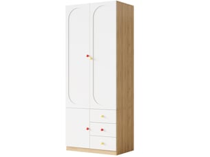 Armoire enfant 2 portes avec penderie et 3 tiroirs, blanc laqué, poignées en céramique colorées