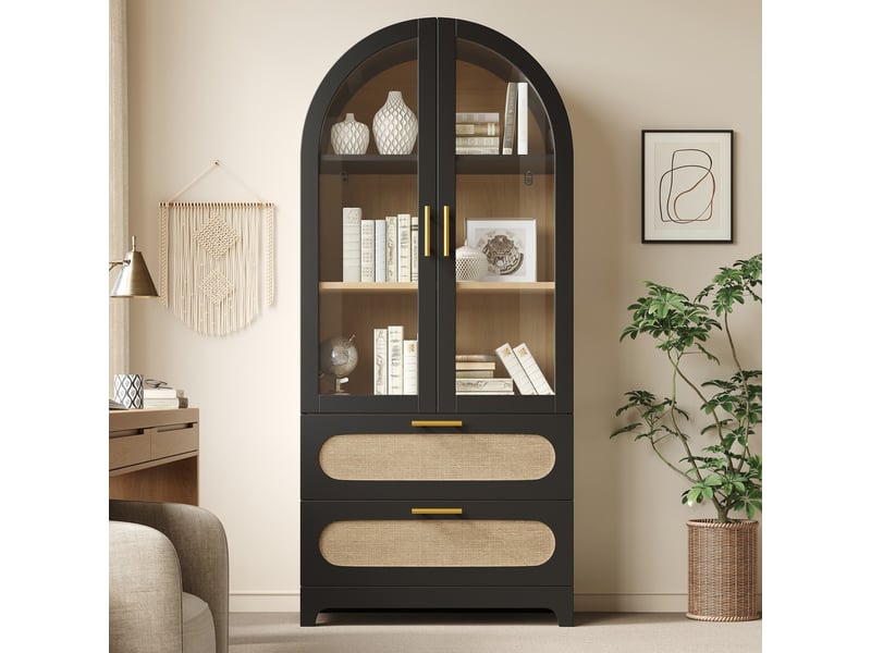 Bibliothèque noire en mdf, design montmartre avec vitres, 175x80x40cm, 2 tiroirs et étagères ajustables, style rétro, sécurisée pour enfants - Conforama D