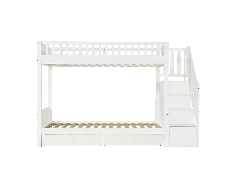  Lit superposé enfant 90×200 cm avec escalier de rangement, 2 tiroirs et garde-corps, blanc  - Conforama A