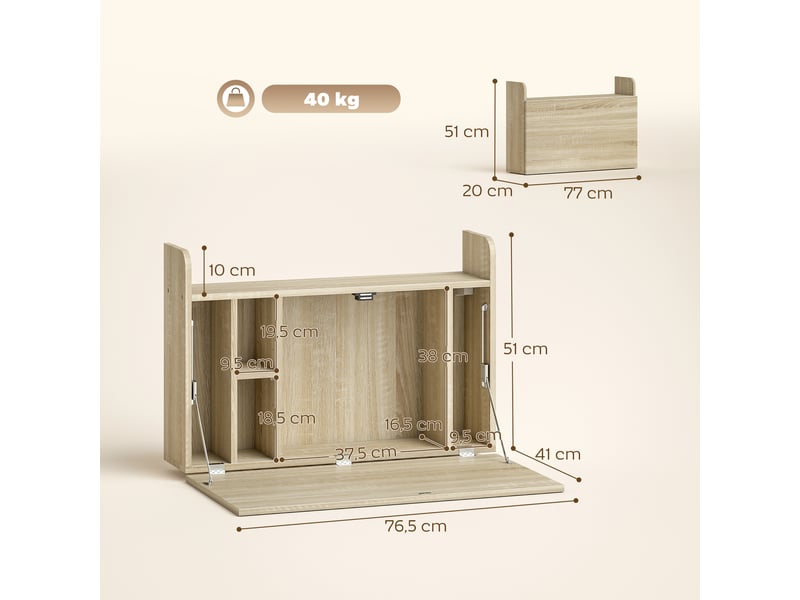  Bureau suspendu table murale table d'ordinateur murale et tablette rabattable avec rangements - 77 x 20 x 51 cm  - Conforama D