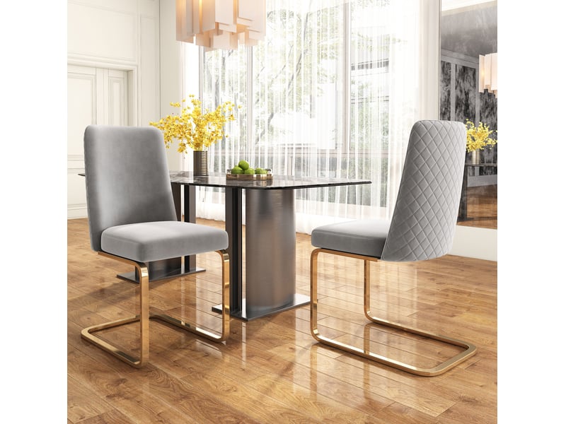  Lot de 2 chaises salle à manger 52x45x88 cm en velours gris et pieds de métal doré, dossier losange, style contemporain  - Conforama D