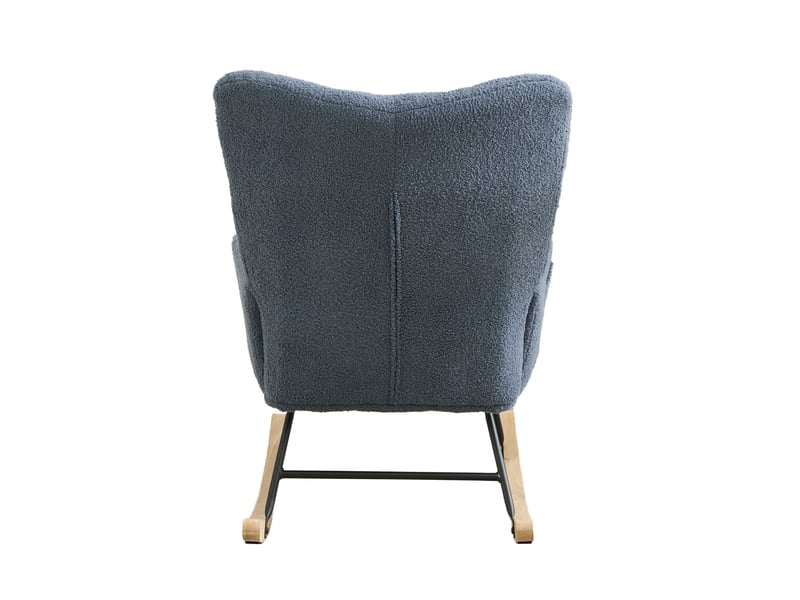  Fauteuil à bascule en tissu teddy avec poche, base en bois massif, bleu marine  - Conforama E