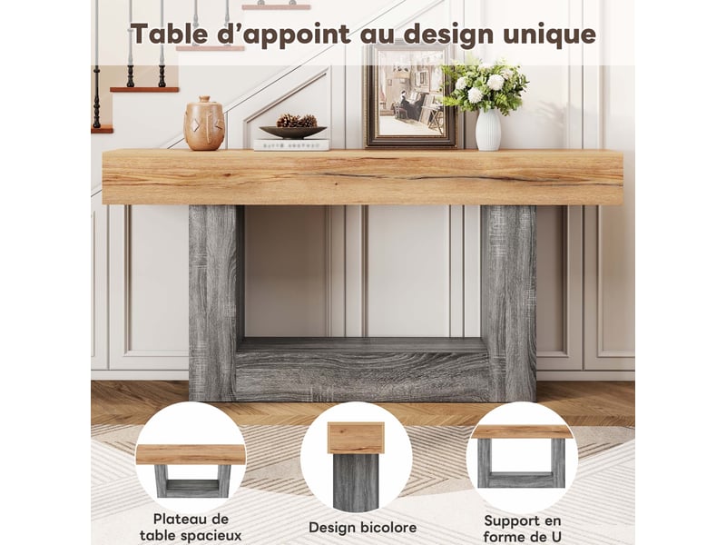  Console bicolore aspect bois, idéale pour une entrée ou un salon. Plateau épais, compartiment de rangement inférieur, en panneaux de particules.  - Conforama D
