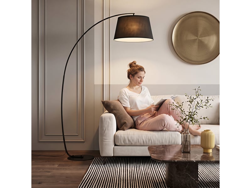  Lampadaire arco avec abat-jour en tissu pour salon, douille e27 (ampoule non incluse), interrupteur au pied, noir  - Conforama D