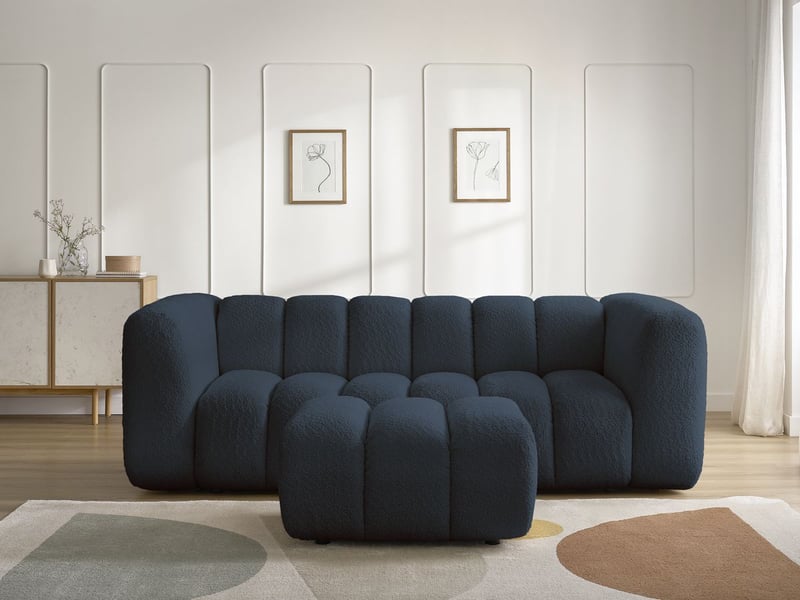  Bobochic canapé droit fixe 3 places talia tissu bouclette avec pouf bleu foncé TALIA - Conforama D