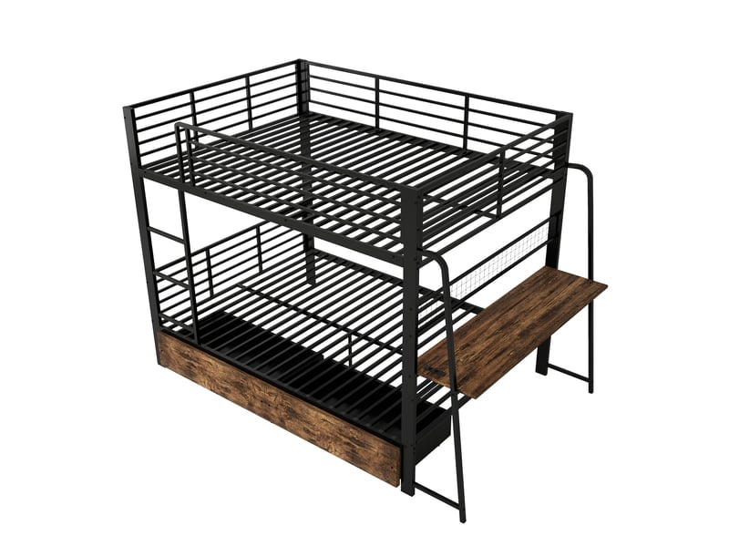 Lit superposé métal noir 140x200 cm avec bureau, tiroirs, led et prise intégrée - Conforama E