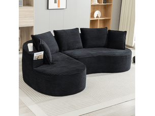 Canapé droit 3 places avec porte-gobelets, poche latérale et coussin, en velours côtelé noir