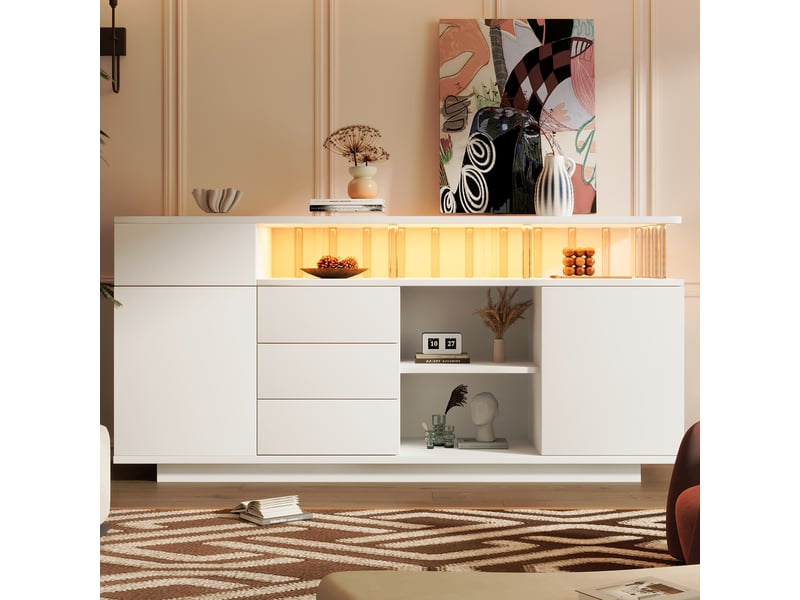  Buffet blanc led 160 × 40 × 75 cm, supports acryliques, 4 tiroirs, 2 portes IKSETERA TRADING LTD - Conforama D