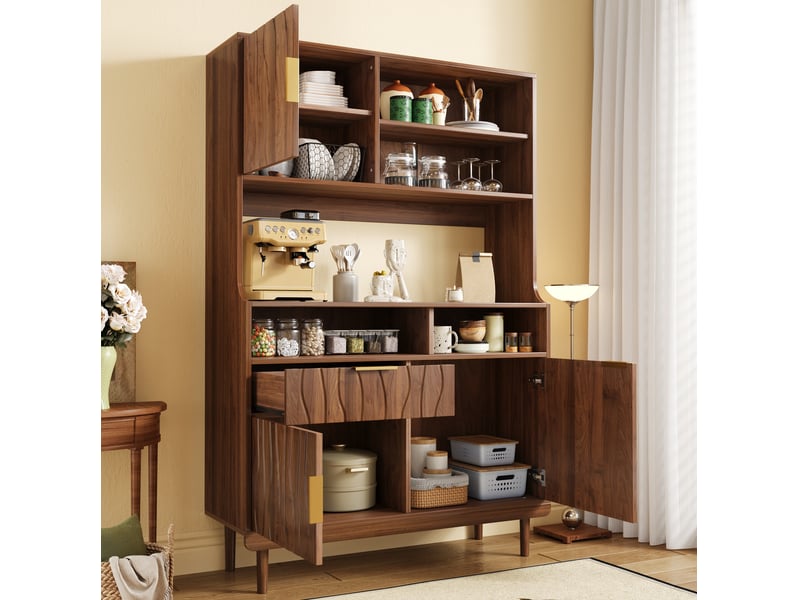 Buffet haut 100 x 32 x 170 cm – coloris noyer – rangement ouvert, fermé et tiroir – style moderne - Conforama E
