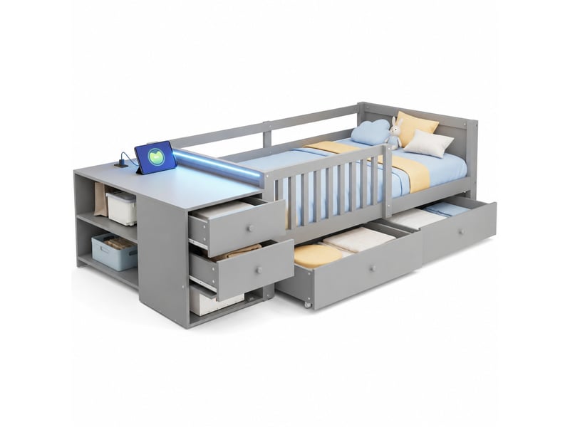  Lit enfant 90x200 cm avec rangement séparé, prise, led, 2 tiroirs et grille de sécurité, en bois, gris, sans matelas  - Conforama A