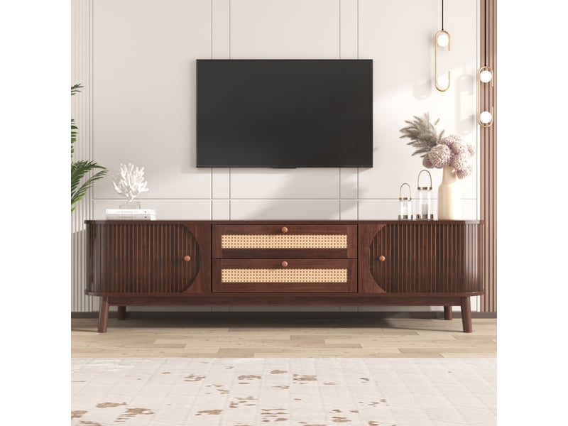  Meuble tv, bois naturel, 2 tiroirs, portes coulissantes, style champêtre, design moderne et élégant pour salon  - Conforama D