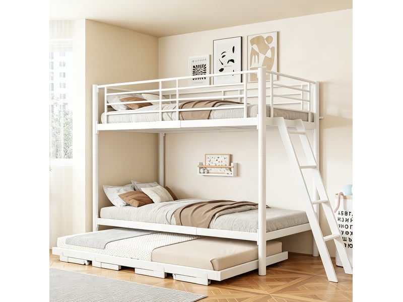  Lit superposé enfant 90x200 cm en métal blanc avec lit gigogne extensible  - Conforama E